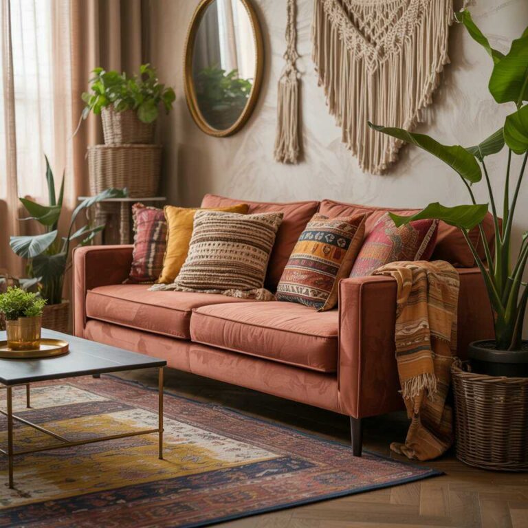 salon z kanapą w stylu boho